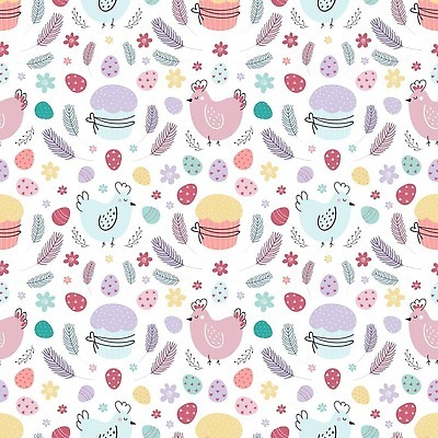 EPS 해외이미지 꽃 백그라운드 잎 패턴 일러스트 사람없음 귀여움 계란 컵케이크 닭캐릭터 해외202310 해외일러스트 식물 동물캐릭터 컨셉 무늬 케이크 알 닭 파일형식 벡터