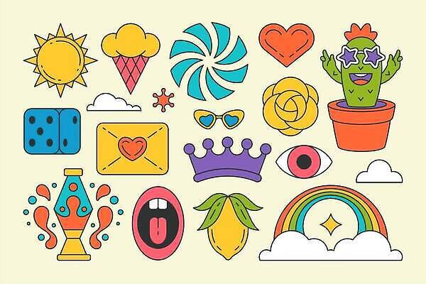 EPS 해외이미지 클립아트 캐릭터 디자인 꽃 포스터 무지개 스티커 일러스트 왕관 봉투 선인장 미술 그래픽 장식 세트 컬러풀 태양 수확 흰색 입 플랫 구부린 인쇄 만화 수집 레몬 라인아트 큐브 보따리 복고 팝아트 윤곽 코믹 펑키 70대 고립 비명 팝 환각 히피 벡터 해외202310 해외일러스트 일러캐릭터 자연요소 식물 노년 선 컬러 농업 과일 모션 문화예술 신체부위 그림 증상 파일형식