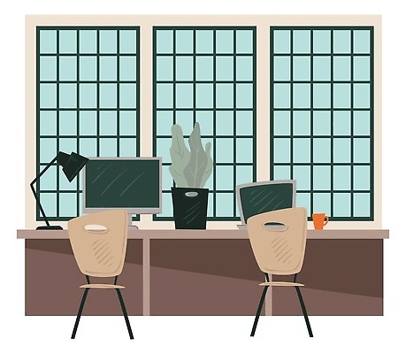 EPS 해외이미지 식물 화분 의자 일러스트 비즈니스 창문 사람없음 노트북 모니터 머그컵 스탠드 해외202310 해외일러스트 가구 조명 컵 전자제품 컴퓨터 파일형식 벡터