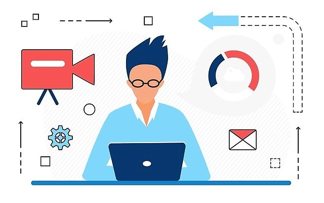 EPS 해외이미지 남자 화살표 일러스트 비즈니스 한명 상반신 성인 노트북 이메일 톱니바퀴 비디오 성인남자한명만 안경낌 해외202310 해외일러스트 1 안경 사람 전자제품 남자한명만 성인남자만 파일형식 벡터