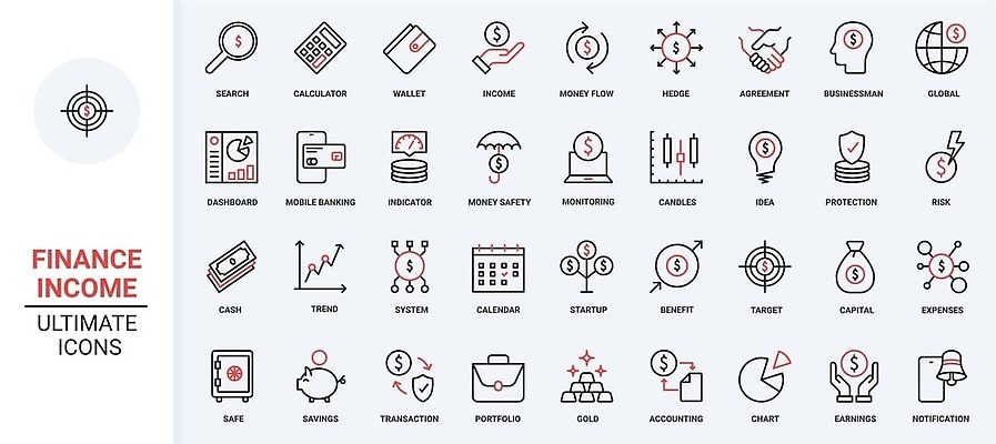 EPS 해외이미지 돈 일러스트 빨간색 금융 검은색 저축 지갑 주식 은퇴 보안 투자 환율 회계 보험 전자상거래 파산 대출 빚 세금 수입 연금 예산 해외202310 해외일러스트 컬러 비즈니스 안전 경제 재산 파일형식 벡터