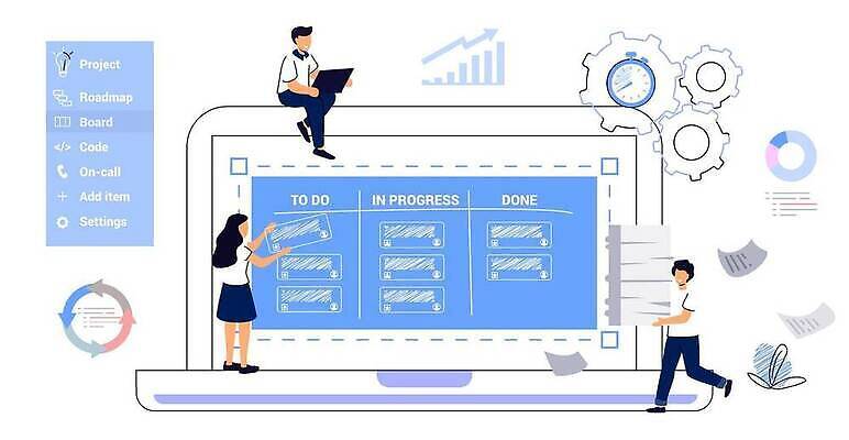 EPS 해외이미지 전신 여자 남자 일러스트 비즈니스 들기 앉기 성인 세명 노트북 달리기 계획표 톱니바퀴 서류더미 성인만 해외202310 해외일러스트 모션 사람 전자제품 계획 문서 파일형식 벡터 더미