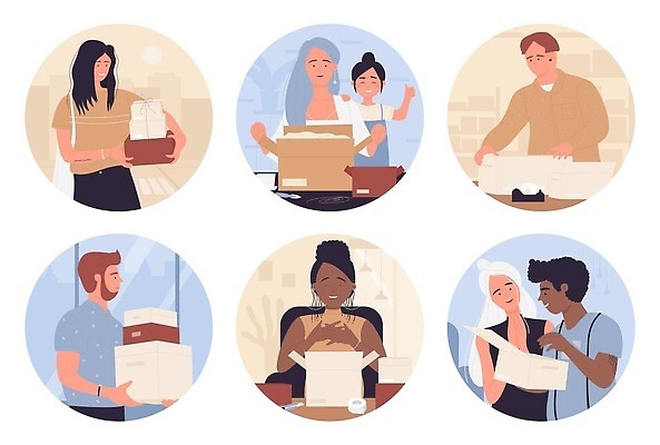 EPS 해외이미지 여자 남자 어린이 일러스트 웃음 들기 여러명 상반신 성인 오픈 즐거움 서비스 택배 택배상자 해외202310 해외일러스트 감정 다수 모션 표정 사람 상자 운송업 파일형식 벡터