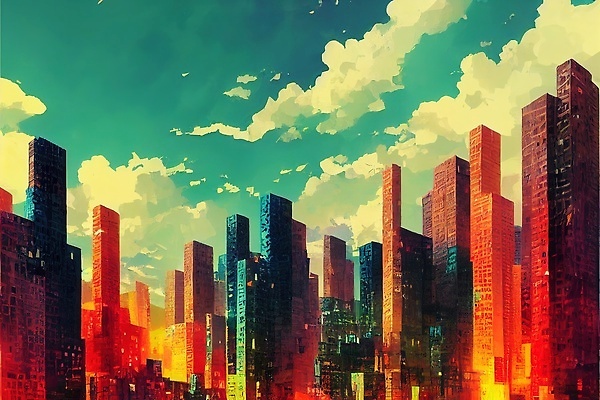 JPG 해외이미지 일러스트 하늘 빌딩 사람없음 컬러풀 도시 분위기 해외202310 해외일러스트 컬러 컨셉 건물 파일형식