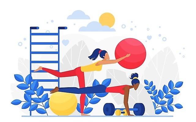 EPS 해외이미지 전신 여자 잎 일러스트 사다리 건강 성인 두명 태양 아령 짐볼 보호 팔굽혀펴기 다리들기 성인여자만 해외202310 해외일러스트 자연요소 식물 컨셉 모션 사람 운동 도구 여자만 성인만 파일형식 벡터