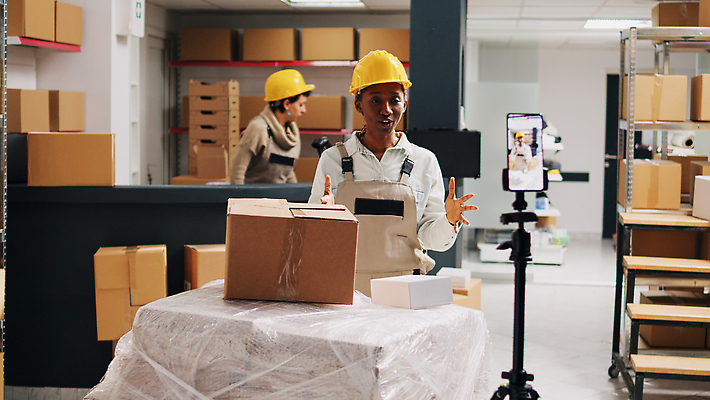 포토 JPG 해외이미지 백인 여자 흑인 노동자 실내 상반신 성인 두명 앞모습 옆모습 스마트폰 상자 촬영 작업 안전모 물류창고 성인여자만 해외202310 해외포토 서양인 직업 뷰포인트 사람 내부 핸드폰 스마트기기 헬멧 안전장비 창고 여자만 성인만 파일형식