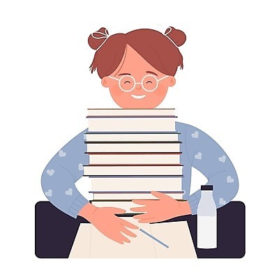 EPS 해외이미지 무료이미지 여자 교육 어린이 일러스트 안기 한명 웃음 책 책더미 소녀한명만 안경낌 해외202310 해외일러스트 1 안경 모션 표정 사람 무더기 여자한명만 소녀만 파일형식 벡터