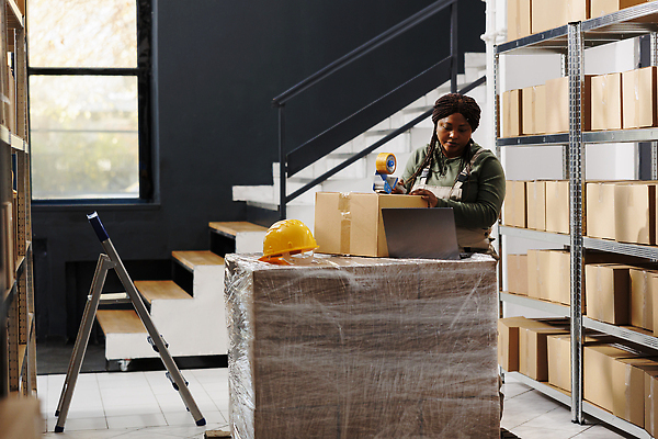 포토 JPG 해외이미지 여자 흑인 포장 노동자 실내 한명 상반신 성인 옆모습 상자 작업 물류창고 성인여자한명만 해외202310 해외포토 서양인 직업 1 뷰포인트 사람 내부 창고 여자한명만 성인여자만 파일형식