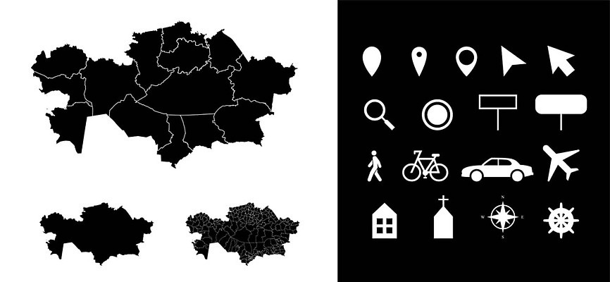 EPS 해외이미지 모양 디자인 실루엣 백그라운드 지도 일러스트 자동차 화살 비행기 주택 간판 세트 교회 자전거 검은색 흰색 경계선 핸들 심볼 오브젝트 윤곽 지역 고립 분할 엘리먼트 전국 충고 카자흐스탄 벡터 국경 알마티 해외202310 해외일러스트 아시아 선 육상교통 컬러 항공교통 대중교통 촬영기법 건물 바이크 경계 파일형식