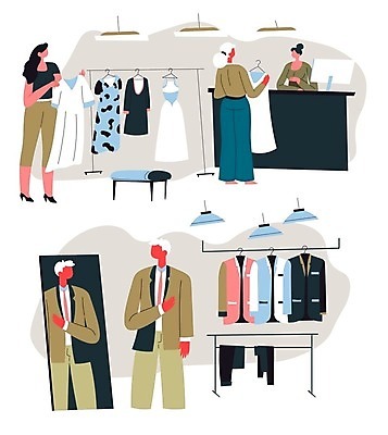 EPS 해외이미지 무료이미지 옷 여자 남자 일러스트 들기 여러명 성인 쇼핑 상점 구매 종업원 계산대 직원 옷가게 전신거울 부티크 성인만 해외202310 해외일러스트 직업 다수 모션 사람 거울 파일형식 벡터