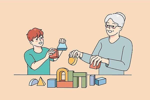 EPS 해외이미지 무료이미지 할머니 어린이 일러스트 놀이 손자 함께함 두명 장난감 블록 잡기 손주 조부모 해외202310 해외일러스트 여자 노년 남자 컨셉 가족 모션 사람 파일형식 벡터 무료콘텐츠 관계 성인