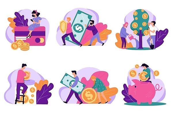 EPS 해외이미지 여자 남자 잎 지폐 일러스트 사다리 앉기 여러명 상반신 성인 금융 세트 보라색 동전 물뿌리개 돼지저금통 신용카드 물주기 방패 넣기 돈나무 성인만 해외202310 해외일러스트 나무 식물 컬러 다수 돈 모션 사람 경제 저금통 도구 파일형식 벡터