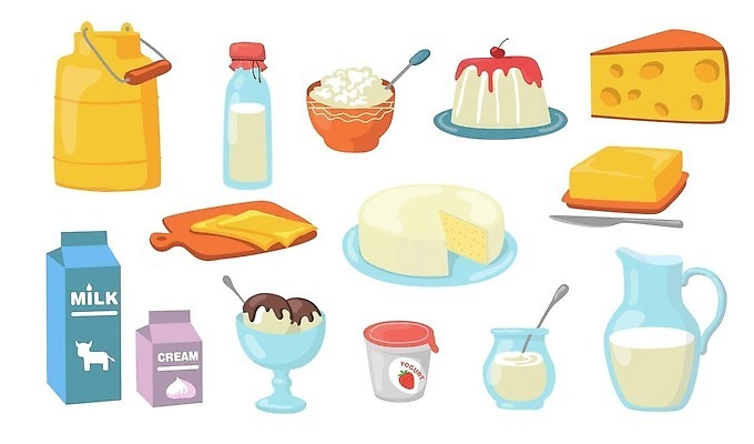 EPS 해외이미지 접시 일러스트 아이스크림 치즈 사람없음 우유 나이프 버터 요거트 딸기잼 공병 해외202310 해외일러스트 우유갑 식기 디저트 유제품 칼 잼 병_담는 파일형식 벡터