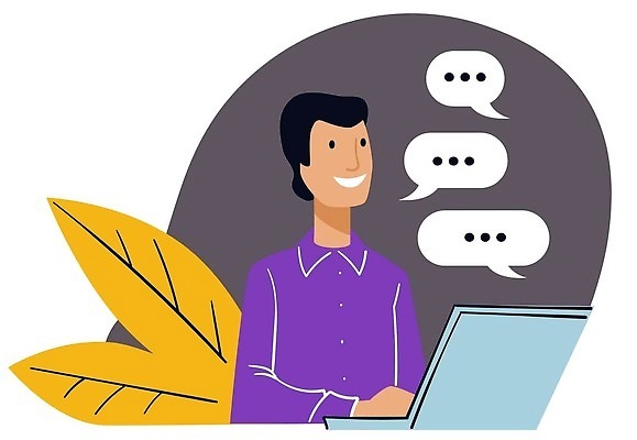 EPS 해외이미지 남자 말풍선 잎 일러스트 비즈니스 한명 상반신 성인 노트북 온라인 채팅 성인남자한명만 해외202310 해외일러스트 식물 1 사람 전자제품 남자한명만 성인남자만 파일형식 벡터