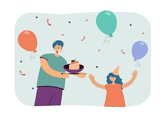 EPS 해외이미지 여자 어린이 일러스트 가족 함께함 들기 성인 두명 케이크 만세 생일 풍선 여자만 해외202310 해외일러스트 기념일 컨셉 관계 모션 디저트 사람 파일형식 벡터