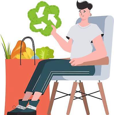 EPS 해외이미지 전신 남자 의자 일러스트 바나나 한명 들기 앉기 성인 초록색 쇼핑백 재활용 양상추 에코 성인남자한명만 해외202310 해외일러스트 1 컬러 가구 채소 가방 과일 모션 사람 환경 친환경 남자한명만 성인남자만 파일형식 벡터