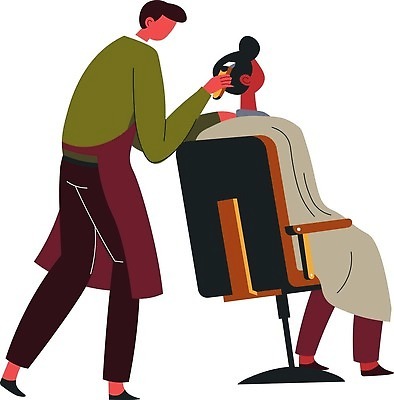 EPS 해외이미지 전신 남자 의자 일러스트 성인 두명 앞치마 가운 빈티지 미용실 이발소 바리깡 성인남자만 해외202310 해외일러스트 옷 가구 컨셉 사람 뷰티샵 남자만 성인만 파일형식 벡터