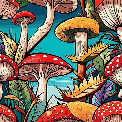 EPS 해외이미지 일러스트 사람없음 컬러풀 버섯 풀잎 신비 해외일러스트 컬러 컨셉 잎 풀_식물 파일형식 벡터