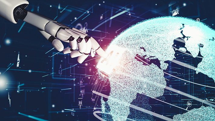 JPG 해외이미지 손 일러스트 미래 기술 신체부위 파란색 지구본 3D 디지털 터치 가리킴 네트워크 로봇 AI_인공지능 해외202310 해외포토 포토 컬러 컨셉 사람 손짓 디지털합성 파일형식