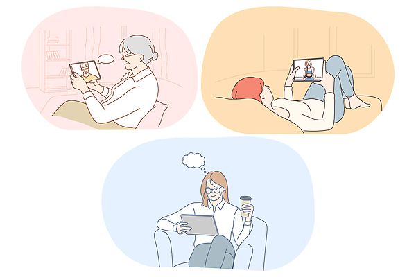 EPS 해외이미지 응시 여자 노년 할머니 커피 말풍선 일러스트 비즈니스 들기 앉기 여러명 성인 태블릿 온라인 여자만 해외202310 해외일러스트 시선 음료 다수 모션 사람 전자제품 스마트기기 파일형식 벡터