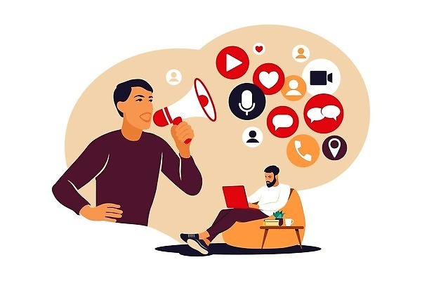 EPS 해외이미지 남자 허리손 일러스트 비즈니스 탁자 성인 두명 노트북 소파 확성기 알림 심볼 온라인 마케팅 소셜미디어 성인남자만 해외202310 해외일러스트 포즈 가구 의자 사람 전자제품 남자만 성인만 파일형식 벡터