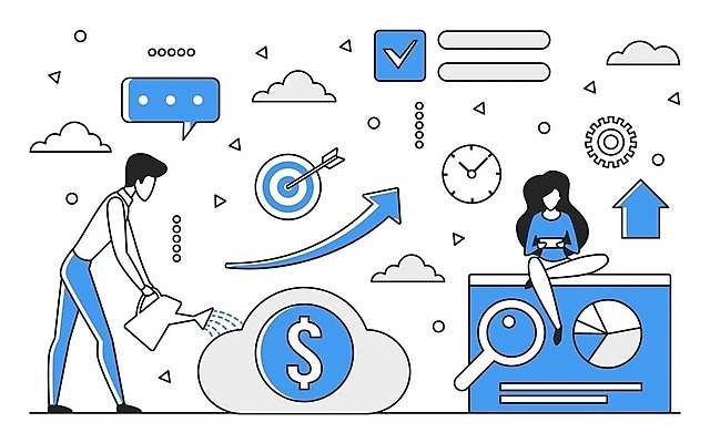 EPS 해외이미지 전신 여자 남자 일러스트 비즈니스 그래프 성인 두명 파란색 디지털 물뿌리개 정보 업무 스마트 분석 온라인 경영 데이터베이스 인터페이스 해외202310 해외일러스트 컬러 컨셉 사람 작업 파일형식 벡터