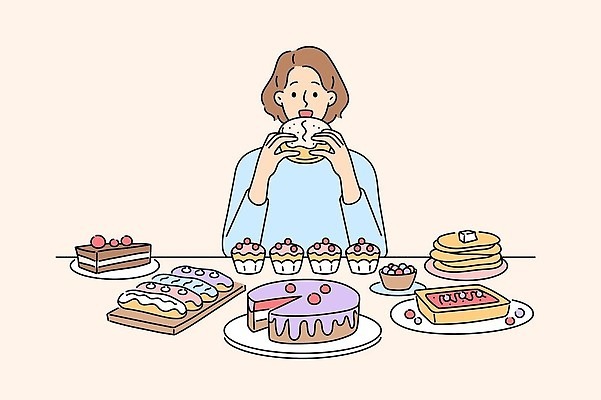 EPS 해외이미지 무료이미지 여자 음식 일러스트 디저트 한명 들기 앉기 케이크 달콤 컵케이크 먹기 페스츄리 많음 해외202310 해외일러스트 1 빵 컨셉 모션 사람 맛 파일형식 벡터 무료콘텐츠