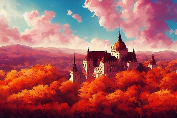 JPG 해외이미지 일러스트 하늘 추상 산 사람없음 성 숲 카툰스타일 해외202310 해외일러스트 건축물 무늬 파일형식