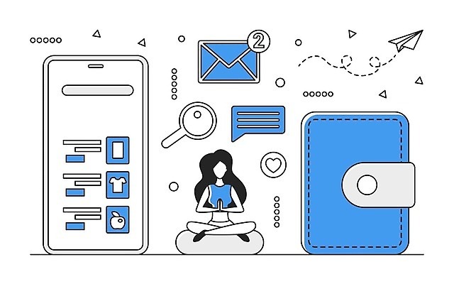 EPS 해외이미지 전신 여자 일러스트 비즈니스 한명 성인 파란색 스마트폰 디지털 정보 업무 지갑 스마트 분석 온라인 경영 데이터베이스 인터페이스 성인여자한명만 해외202310 해외일러스트 1 컬러 컨셉 사람 핸드폰 스마트기기 작업 여자한명만 성인여자만 파일형식 벡터