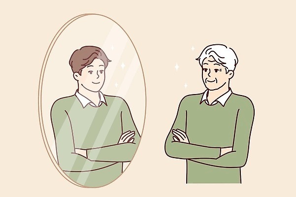 EPS 해외이미지 응시 할아버지 노년 남자 행복 아들 컨셉 일러스트 상상 서기 사람 청년 성인 청춘 반사 힘 활발 꿈 거울 에너지 시간 자신감 향수 긍정 과거 고립 배려 셀프 옛날 적자 벡터 해외202310 해외일러스트 시선 감정 가족 모션 화장품 파일형식