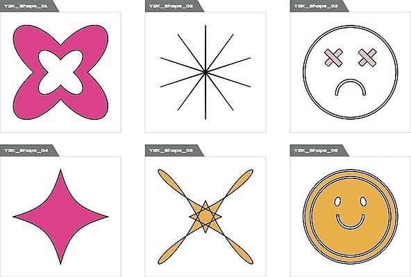 EPS 해외이미지 꽃 분홍색 일러스트 추상 사람없음 그래픽 반짝임 세트 노란색 찡그림 라인아트 복고 엘리먼트 Y2K 해외202310 해외일러스트 식물 선 컬러 컨셉 무늬 모션 표정 파일형식 벡터