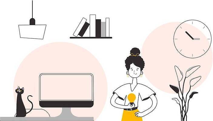 EPS 해외이미지 식물 여자 시계 일러스트 전구 조명 선반 한명 들기 상반신 성인 책 노란색 모니터 검은색 작업실 라인아트 성인여자한명만 반려묘 해외202310 해외일러스트 1 선 컬러 가구 모션 사람 반려동물 컴퓨터 고양이 여자한명만 성인여자만 파일형식 벡터