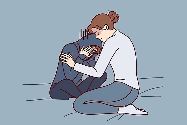 EPS 해외이미지 여자 딸 일러스트 가족 안기 청소년 엄마 스트레스 앉기 성인 두명 위로 돌봄 우울증 여자만 해외202310 해외일러스트 관계 모션 사람 질병 파일형식 벡터