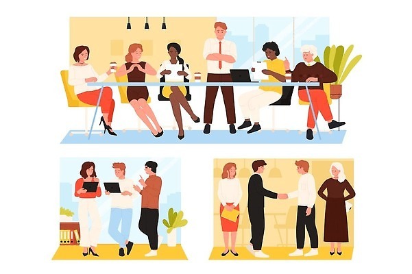 EPS 해외이미지 캐릭터 여자 남자 백그라운드 의자 일러스트 회사 비즈니스 CEO 통신 탁자 설계 악수 함께함 대화 사람 노트북 세트 사무실 거래 업무 그룹 작업실 플랫 대표 토론 만화 종업원 책상 동료 계약 경영자 리더 해결 경영 고립 프로젝트 벡터 콜라보레이션 해외202310 해외일러스트 일러캐릭터 직업 가구 컨셉 관계 말하기 손짓 전자제품 작업 파일형식