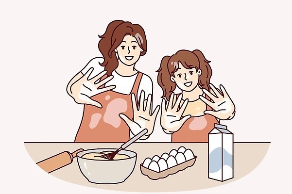 EPS 해외이미지 무료이미지 여자 딸 일러스트 모녀 엄마 함께함 요리 두명 계란 앞치마 우유 손내밀기 밀가루 해외202310 해외일러스트 컨셉 가족 유제품 사람 손짓 알 가루 파일형식 벡터 무료콘텐츠