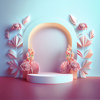 포토 JPG 해외이미지 꽃 분홍색 하늘색 백그라운드 사람없음 3D 광택 단상 파스텔톤 포디움 해외202310 해외포토 식물 컬러 파란색 무대 디지털합성 파일형식