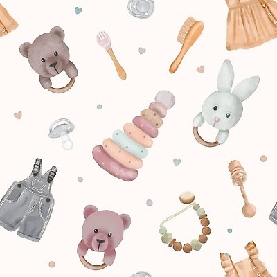 EPS 해외이미지 원피스 백그라운드 패턴 일러스트 사람없음 귀여움 머리빗 노리개젖꼭지 멜빵바지 딸랑이 유아복 해외202310 해외일러스트 옷 컨셉 무늬 바지 아기용품 미용용품 멜빵 파일형식 벡터