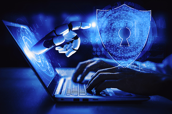 포토 해외이미지 손 비즈니스 그래프 미래 신체부위 파란색 노트북 스크린 기계 터치 가리킴 타이핑 로봇 보안 열쇠구멍 방패 AI_인공지능 해외202310 해외포토 AI파일 컬러 컨셉 안전 사람 손짓 전자제품 파일형식 벡터