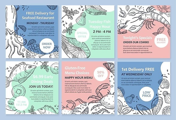 EPS 해외이미지 배너 일러스트 어패류 갑각류 어류 사람없음 파란색 세트 상점 상품 심볼 해산물 마케팅 해외202310 해외일러스트 동물 컬러 수중동물 파일형식 벡터