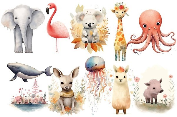 EPS 해외이미지 일러스트 코끼리 사람없음 플라밍고 기린 고래 문어 해파리 멧돼지 아기캥거루 아기코알라 해외202310 해외일러스트 새끼 포유류 조류 연체동물 수중동물 자포동물 캥거루 코알라 파일형식 벡터