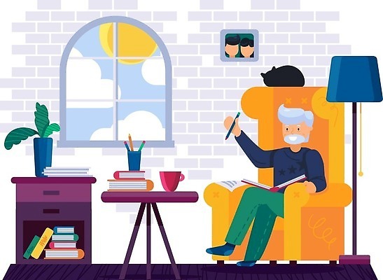 EPS 해외이미지 캐릭터 교육 할아버지 노년 남자 일러스트 수업 주택 이야기 앉기 내부 책 학습 독서 연필 펜 공책 기쁨 방 기록 잡기 시간 업무 플랫 만화 은퇴 읽기 교과서 만들기 긍정 안락의자 옛날 조부모 벡터 해외202310 해외일러스트 일러캐릭터 감정 컨셉 의자 가족 모션 문구용품 학용품 교재 사람 성인 건물 필기구 작업 파일형식