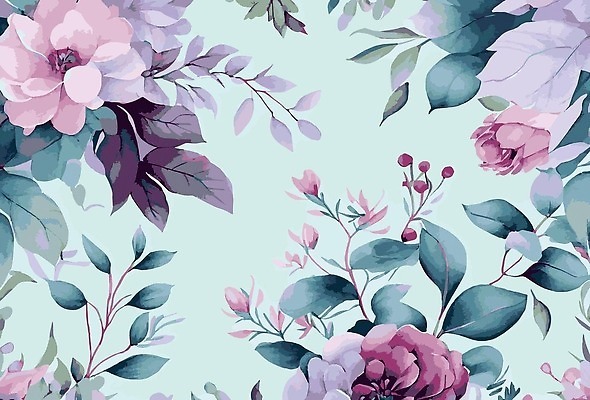 EPS 해외이미지 잎 꽃무늬 일러스트 사람없음 보라색 빈티지 질감 파란배경 해외202310 해외일러스트 식물 꽃 컬러 백그라운드 컨셉 무늬 파란색 파일형식 벡터