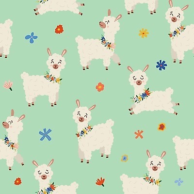 EPS 해외이미지 꽃 패턴 일러스트 사람없음 알파카 민트색배경 해외202310 해외일러스트 식물 동물 백그라운드 무늬 민트색 파일형식 벡터