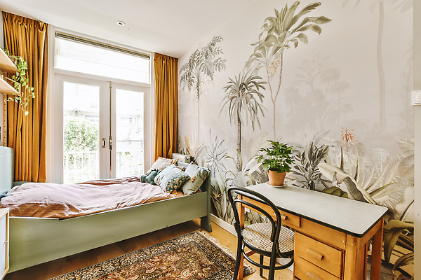 포토 JPG 해외이미지 화분 가구 의자 창문 자연 실내 사람없음 내부 인테리어 침실 방 침대 커튼 책상 리빙 해외202310 해외포토 디자인 생활용품 생태계 파일형식