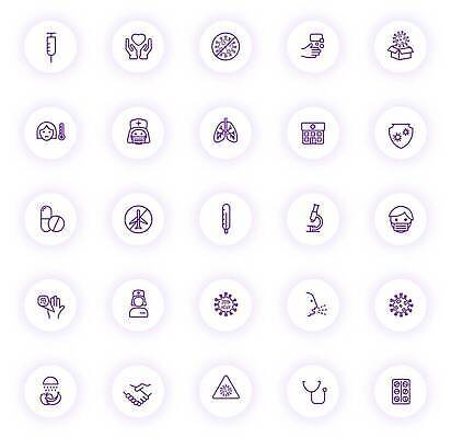 EPS 해외이미지 디자인 선 컬러 일러스트 모바일 거리 건강 그림자 경고 빛 세트 픽토그램 약 보라색 웹 열 원형 주름 호흡기관 바이러스 빨래 질병 심볼 사인 예방 윤곽 감염 온도 UI 얇은 전염병 증상 타격 팁 벡터 코로나바이러스 해외202310 해외일러스트 도형 가사 인터넷 의학 모션 장기_의학 파일형식