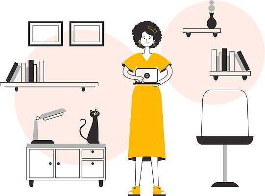 EPS 해외이미지 전신 여자 액자 의자 일러스트 선반 한명 서기 들기 성인 책 노트북 노란색 검은색 스탠드 작업실 누름 라인아트 서랍장 재생 플레이 성인여자한명만 반려묘 해외202310 해외일러스트 1 선 컬러 가구 모션 조명 사람 전자제품 반려동물 고양이 여자한명만 성인여자만 파일형식 벡터