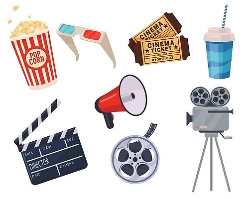 EPS 해외이미지 음료 일러스트 사람없음 확성기 티켓 클래퍼보드 영화관 필름 영화 오브젝트 팝콘 3D안경 엘리먼트 필름카메라 해외202310 해외일러스트 안경 문화예술 카메라 극장 파일형식 벡터