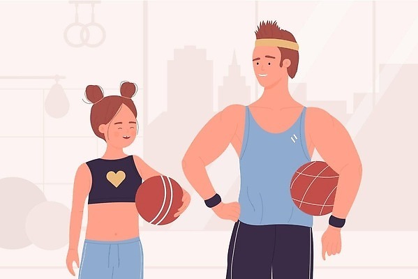EPS 해외이미지 여자 남자 어린이 허리손 일러스트 공 건강 들기 성인 두명 라이프 운동복 마주보기 부녀 해외202310 해외일러스트 옷 딸 포즈 가족 모션 사람 생활 아빠 파일형식 벡터