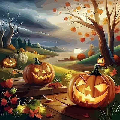 EPS 해외이미지 길 낙엽 일러스트 호박 단풍나무 조명 사람없음 판타지 할로윈 야간 잭오랜턴 해외202310 해외일러스트 자연요소 나무 단풍 잎 채소 상상 파일형식 벡터
