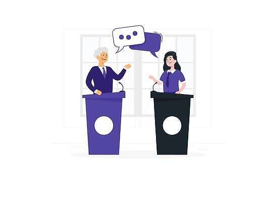 EPS 해외이미지 여자 노년 남자 말풍선 일러스트 대화 성인 두명 보라색 마이크 단상 해외202310 해외일러스트 컬러 음향기기 말하기 사람 파일형식 벡터